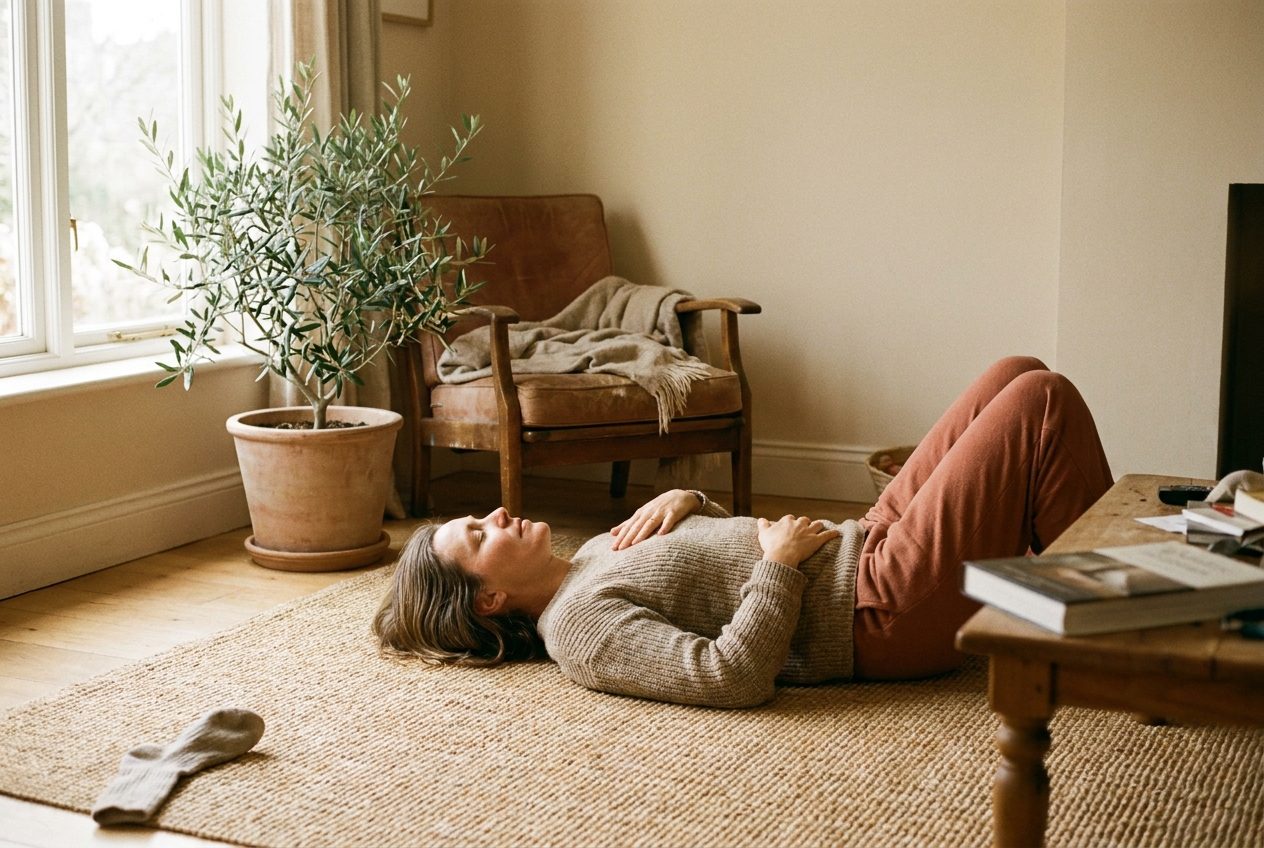 A woman lies on a rug at home in morning light, knees bent, one hand on her chest and one on her belly, eyes closed.
