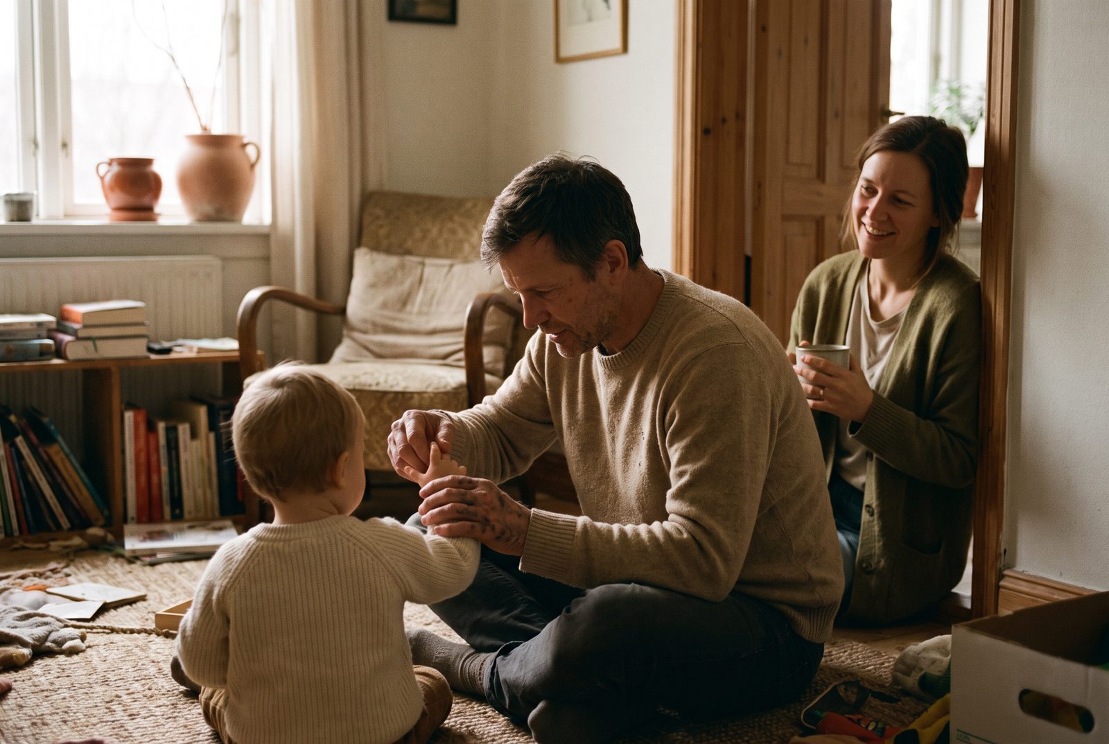 A father on the floor holds his toddler's hands in a slow movement while the mother sits in the doorway with a mug, smiling; the toddler faces away.