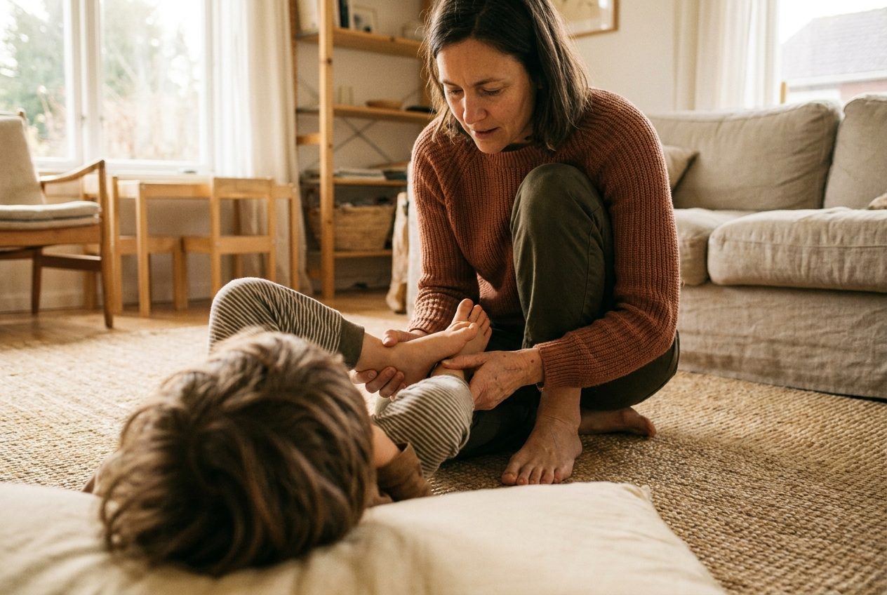 A mother sits on a rug and gently holds the bare feet of her child, who lies on a cushion with the back of their head to the camera.