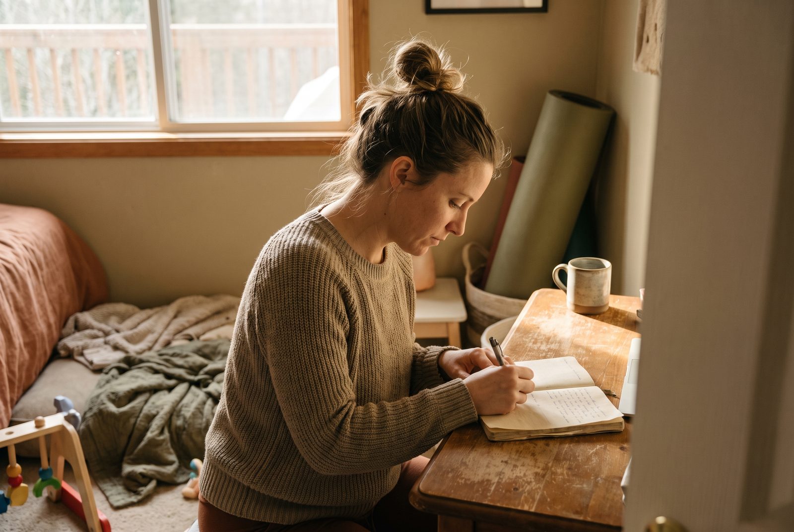 After a session a practitioner sits at a small desk writing in a paper notebook, a rolled mat and a mug behind her.